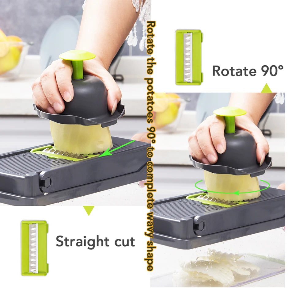 Home Sweet Home multifunctional vegetable chopper with stainless steel blades and a clear container for easy vegetable prep.
