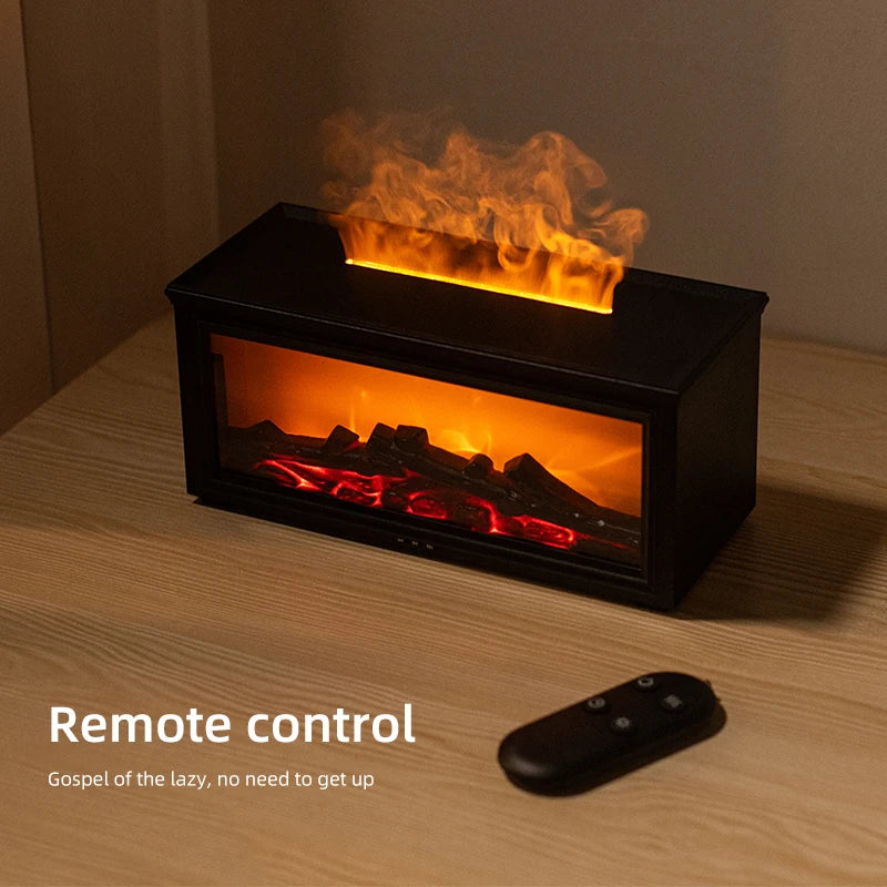 Home Sweet Home Flame Aromatherapy Diffuser and Humidifier showing a sleek black design with mist and ambient lighting.