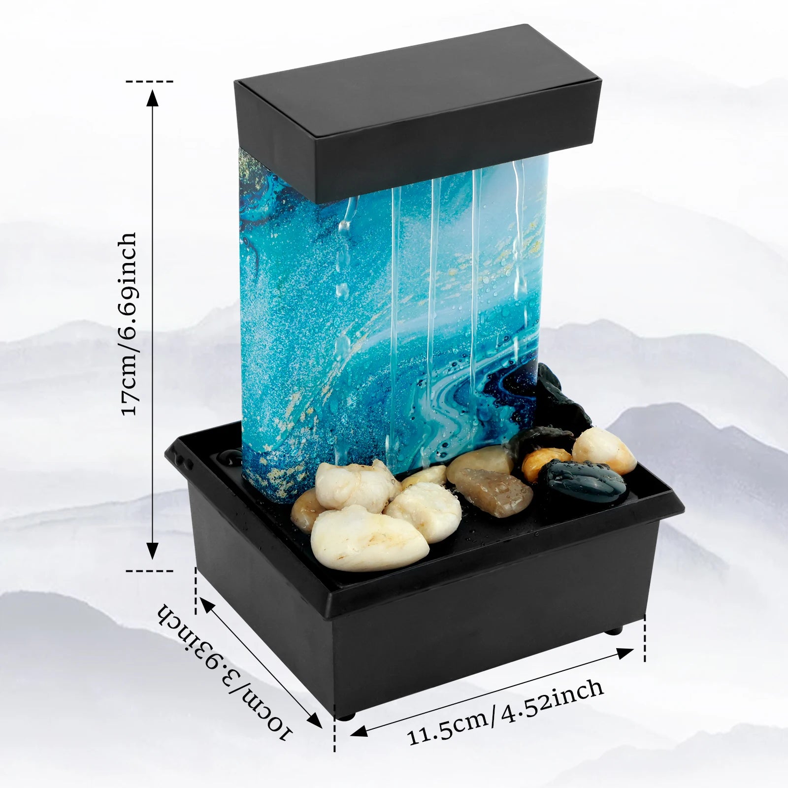 Home Sweet Home tabletop waterfall fountain with soft LED lights, featuring flowing water and a compact desktop water feature design.