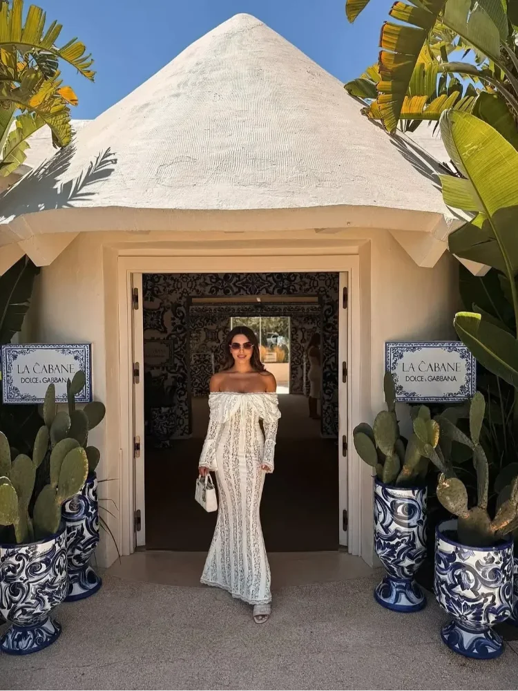 Lace Flare Sleeve Off-Shoulder Maxi Dress – Elegant Mermaid Floor-Length Gown