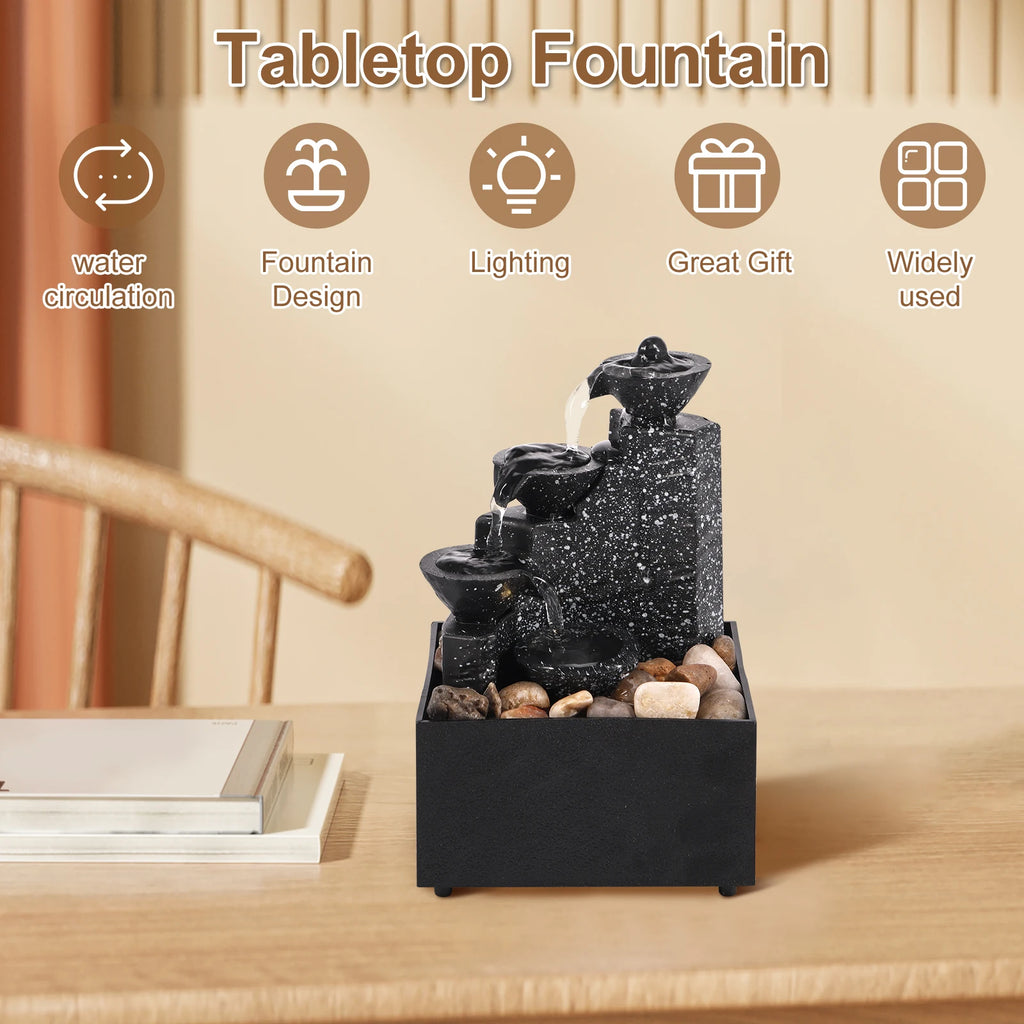Home Sweet Home tabletop waterfall fountain with soft LED lights, desktop water feature featuring flowing water and calming lighting.