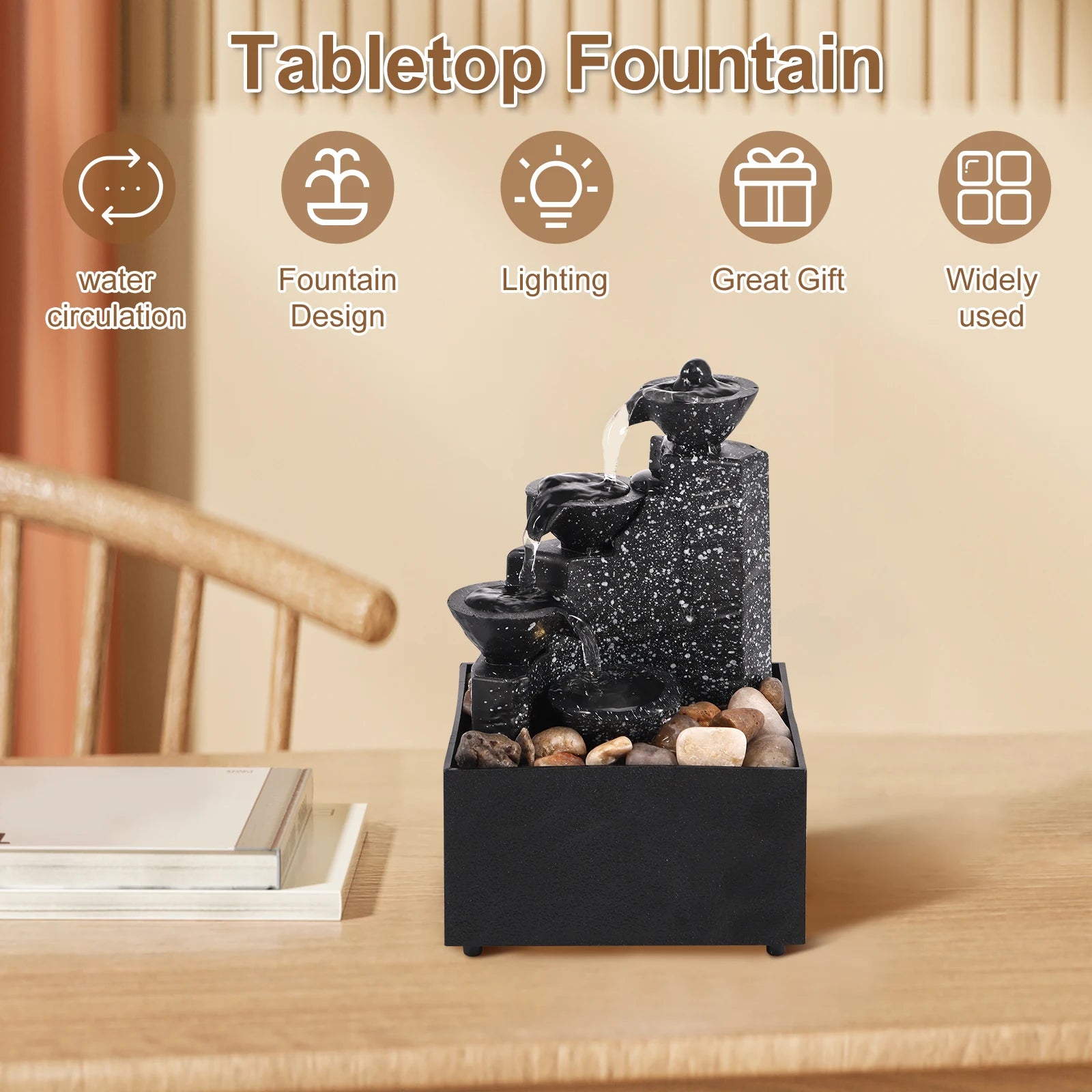 Home Sweet Home tabletop waterfall fountain with soft LED lights, desktop water feature featuring flowing water and calming lighting.