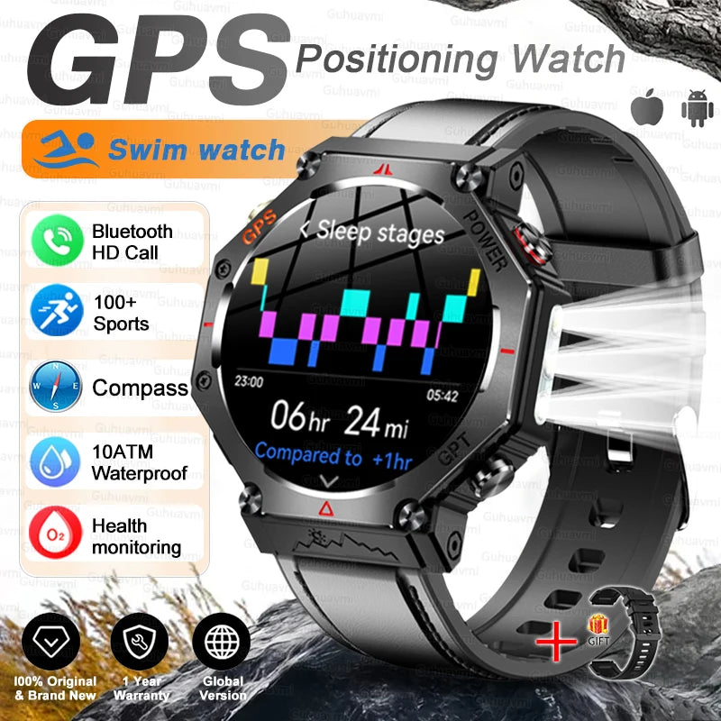 Military Grade GPS Smart Watch – IP69K/10ATM Waterproof AMOLED, 100+ Sports Modes, HD Bluetooth Calls