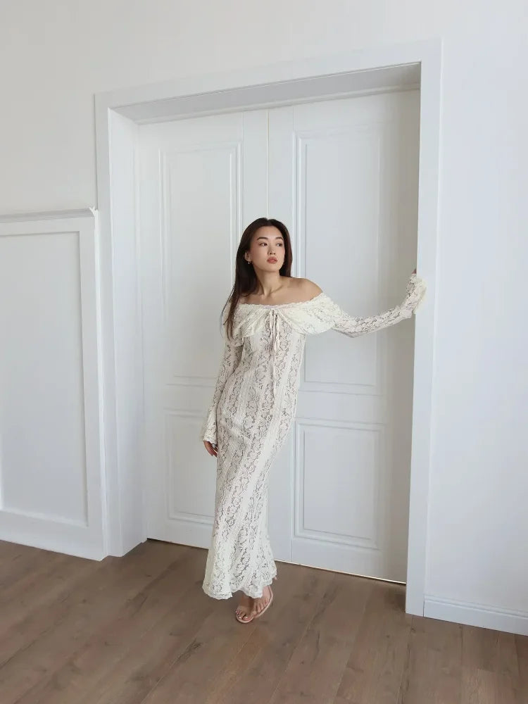 Lace Flare Sleeve Off-Shoulder Maxi Dress – Elegant Mermaid Floor-Length Gown