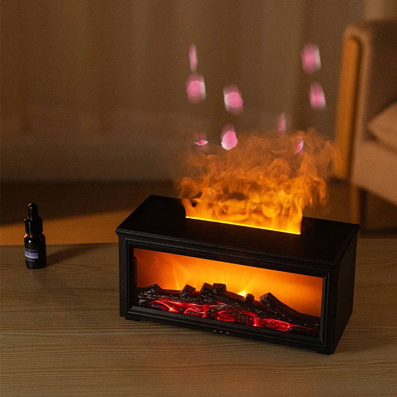 Home Sweet Home Flame Aromatherapy Diffuser and Humidifier shown with glowing flame design and mist output.