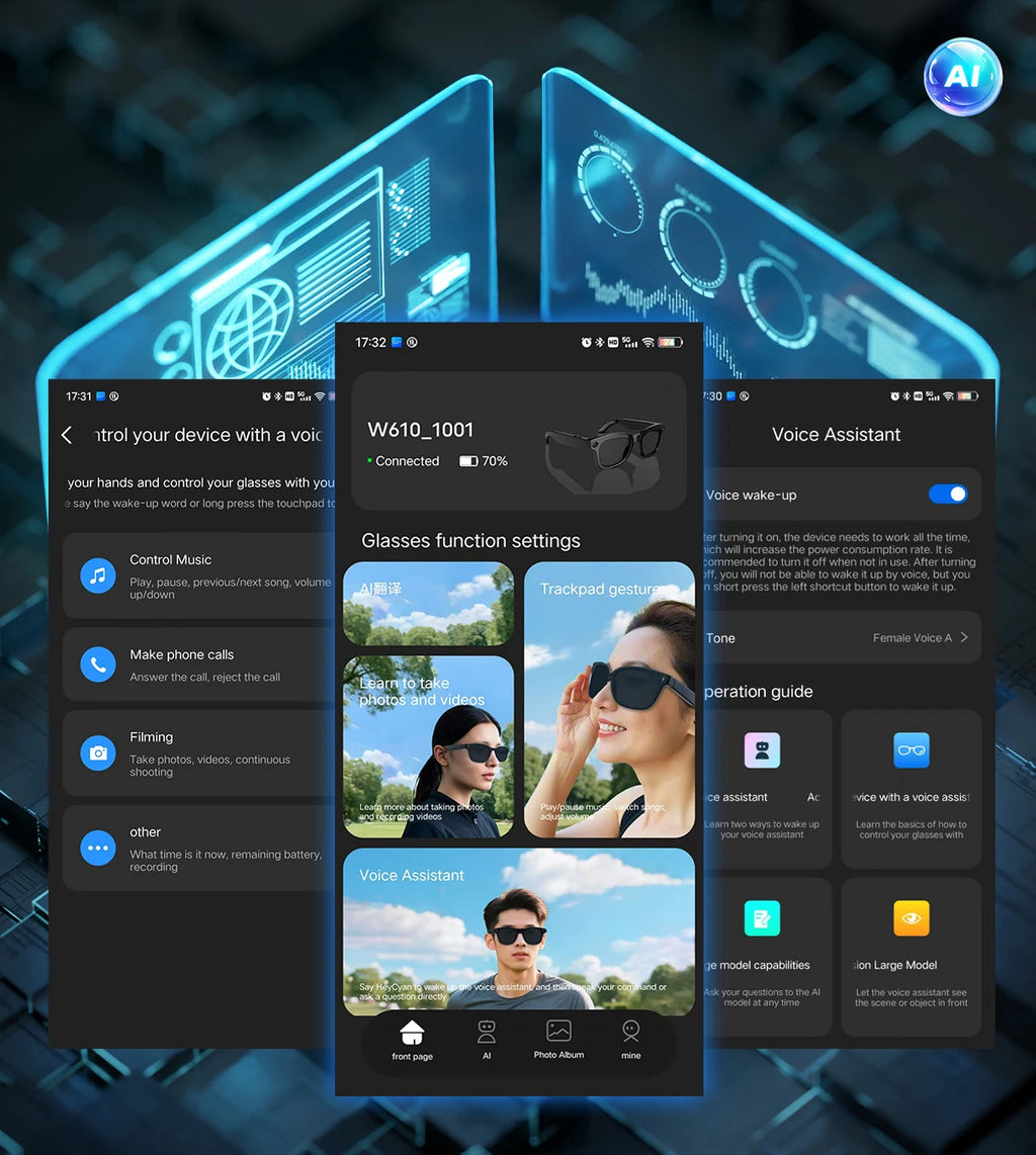 Home Sweet Home AI Smart Glasses with 8MP camera, Bluetooth, multilingual support, and ChatGPT 4.0 integration in sleek design