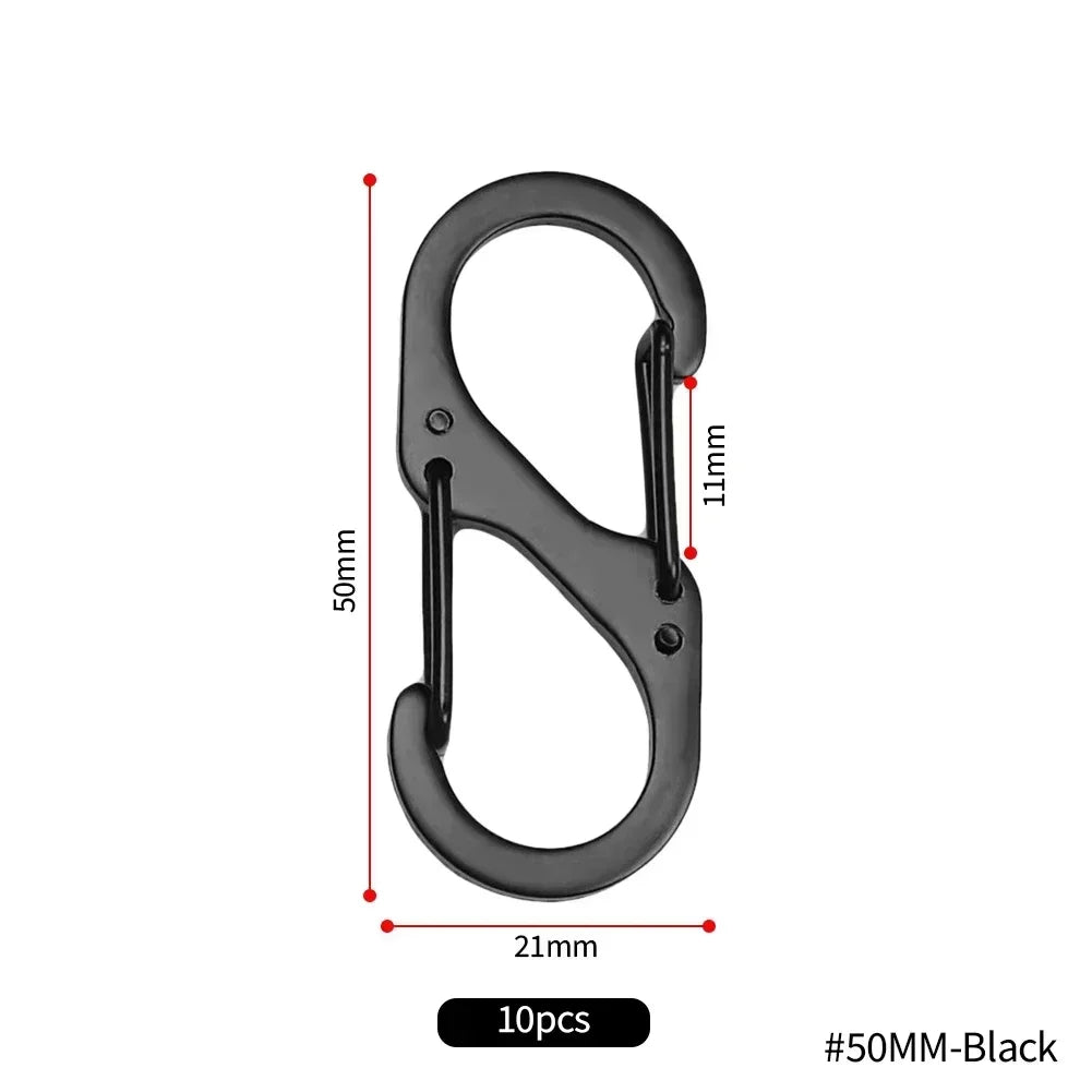 Stainless steel S-type carabiner clips in a 10-pack, durable metal hooks for keychains, camping, or outdoor gear.