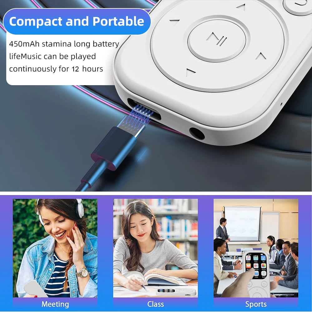 Home Sweet Home Slim MP3 Player with Bluetooth 5.4, FM radio, eBook reader, and voice recorder, shown with screen and controls.