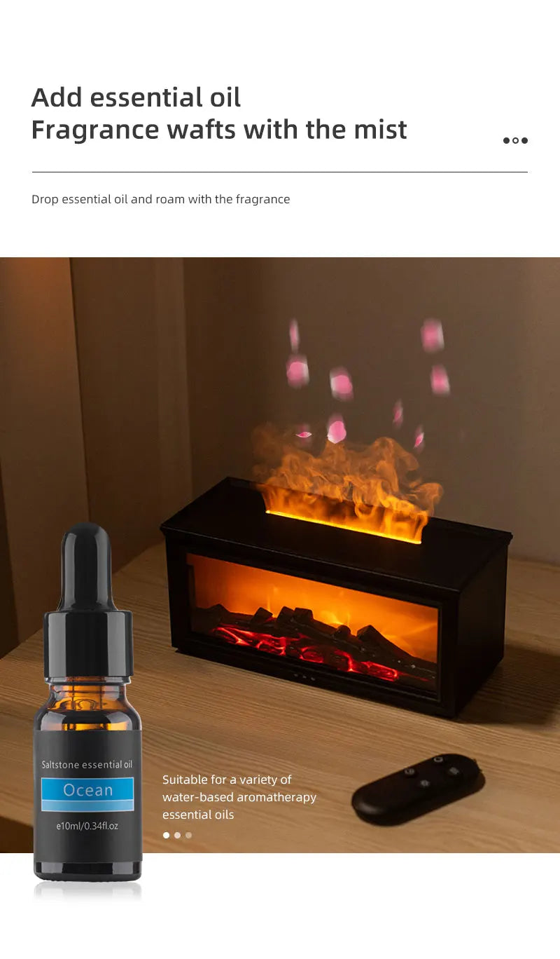 Home Sweet Home Flame Aromatherapy Diffuser and Humidifier with glowing LED light and sleek design on a wooden surface.