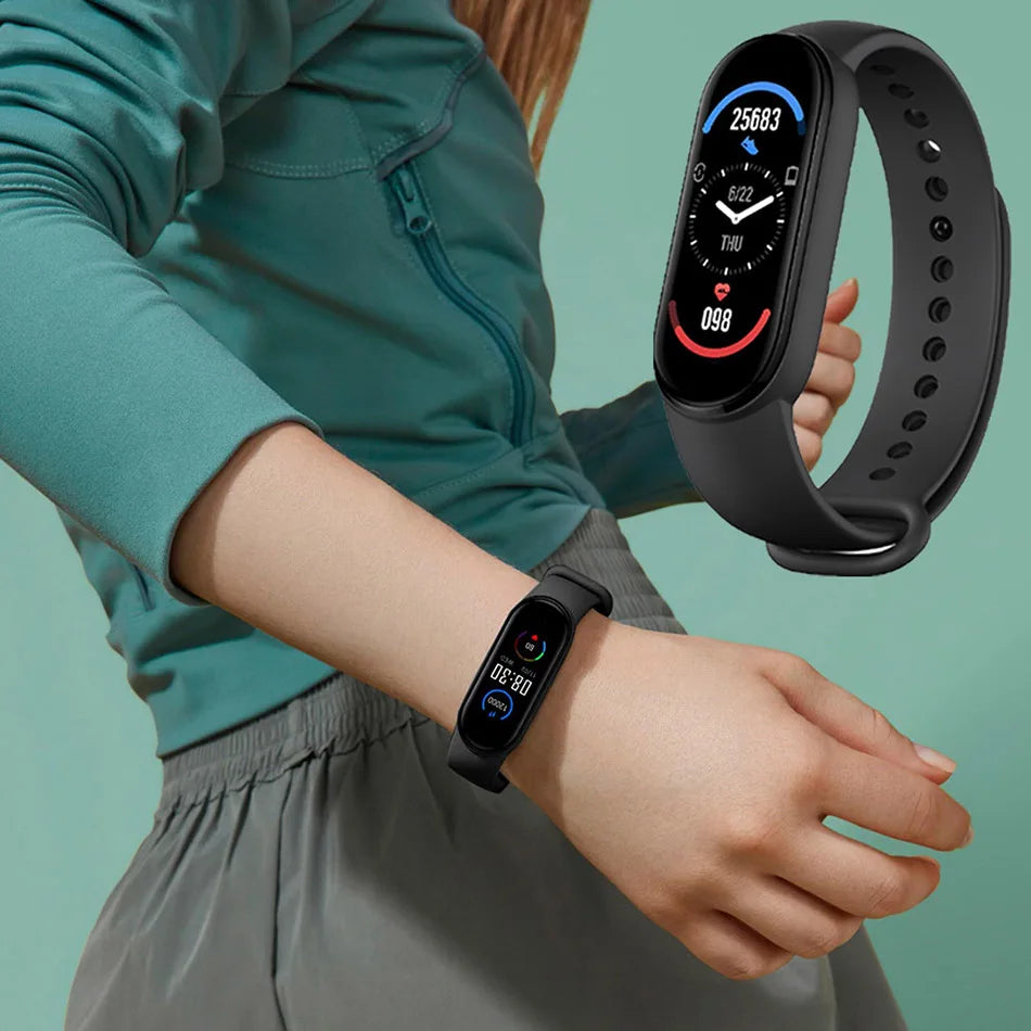 Smart fitness bracelet by Home Sweet Home with a sleek black band and digital display showing activity stats.