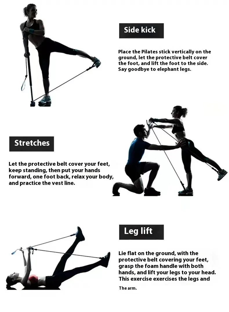 Home Sweet Home Pilates Stick Fitness Bar with elastic resistance bands for adjustable exercise and full-body workouts.