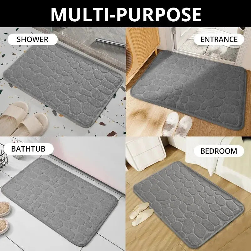 Embossed Memory Foam Bath Mat – Anti-Slip Cobblestone Microfibre Rug for Bathroom & Living Room