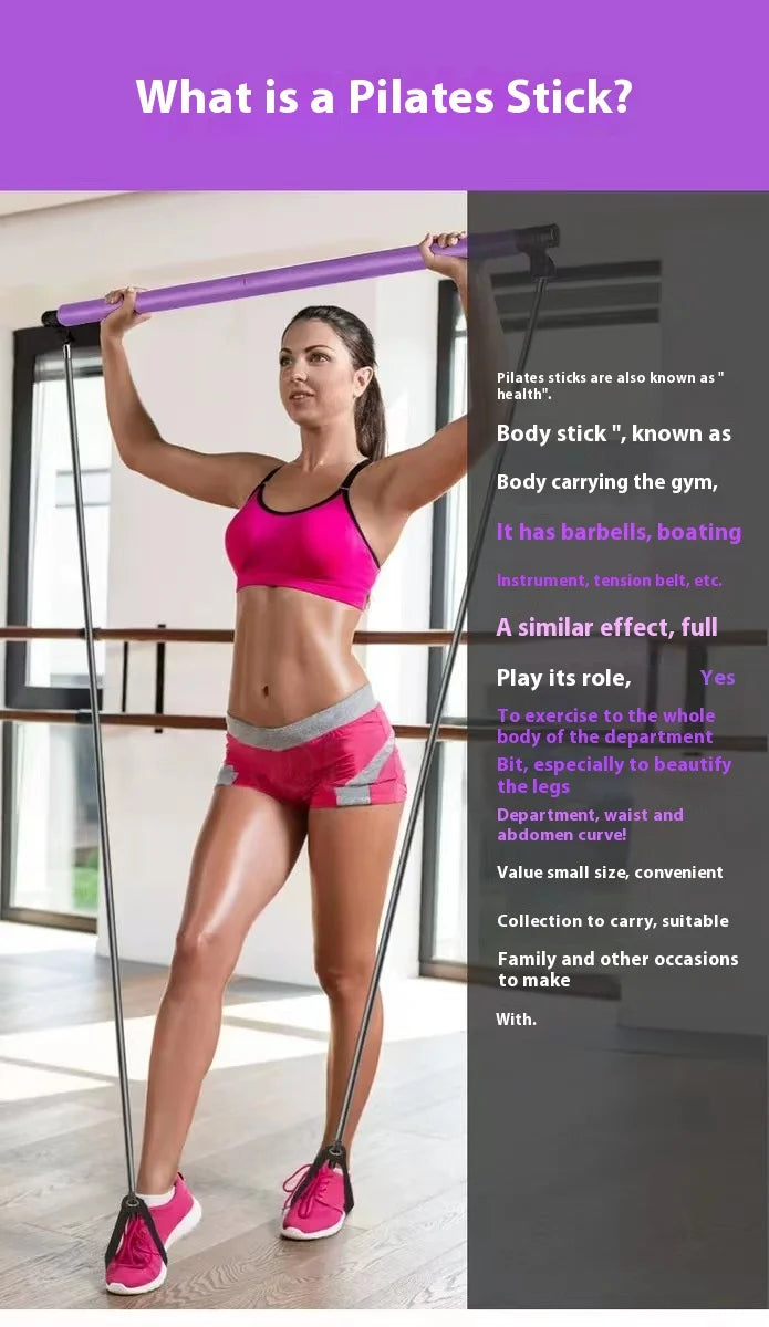 Home Sweet Home Pilates Stick with adjustable exercise bar and elastic resistance bands for full-body workouts and strength training.