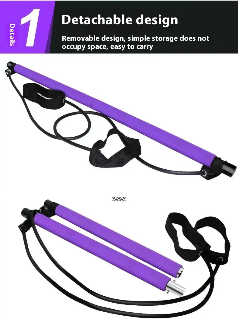 Home Sweet Home Pilates Stick Fitness Bar with elastic resistance bands for adjustable exercise and strength training.