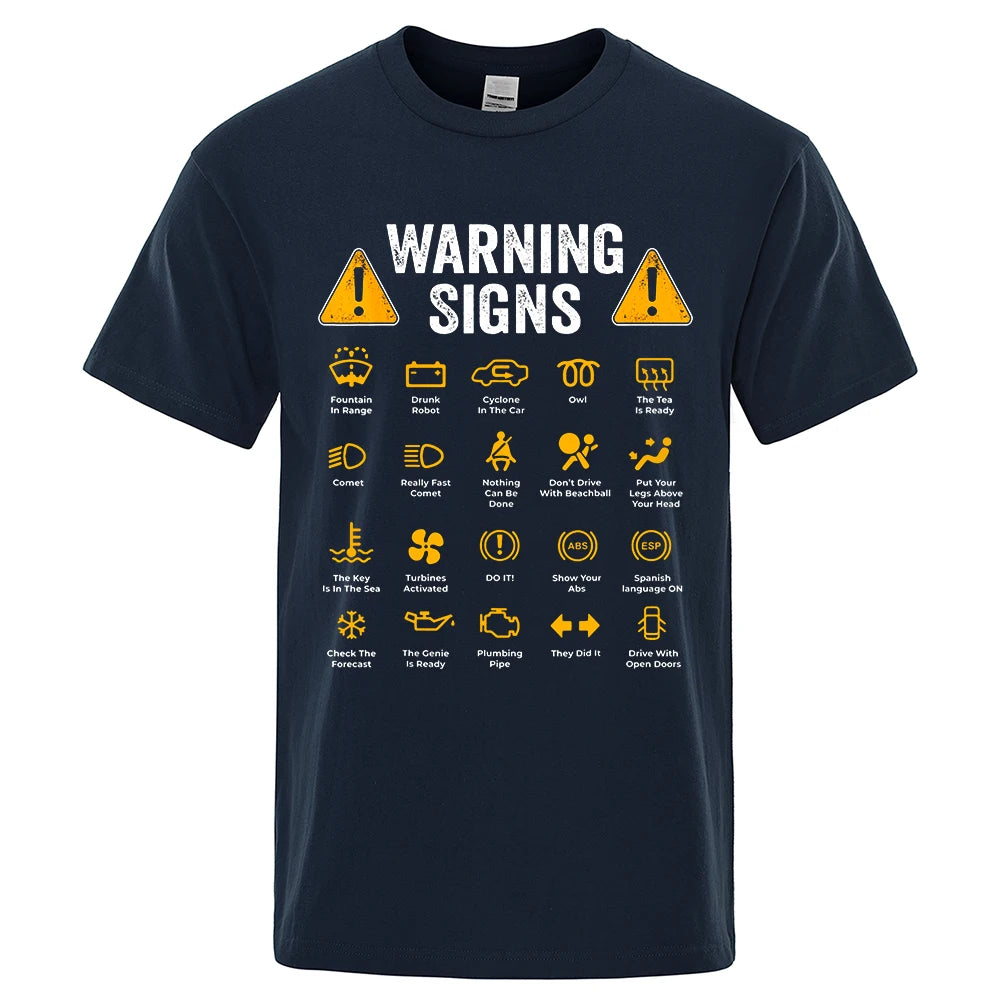 Driving Warning Signs men's T-shirt by Home Sweet Home featuring a graphic of road warning signs on a casual black shirt.