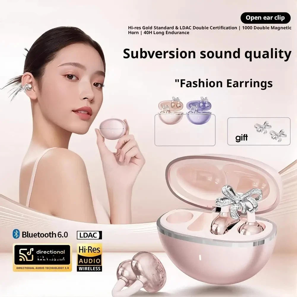 Vivo Open-Ear Bluetooth Clip-On Earbuds with Crystal Bowknot Earrings