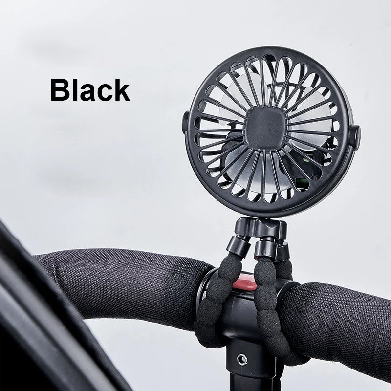 Home Sweet Home portable mini clip fan with USB recharge, 360° flexible tripod shown on a desk, ideal for personal cooling.