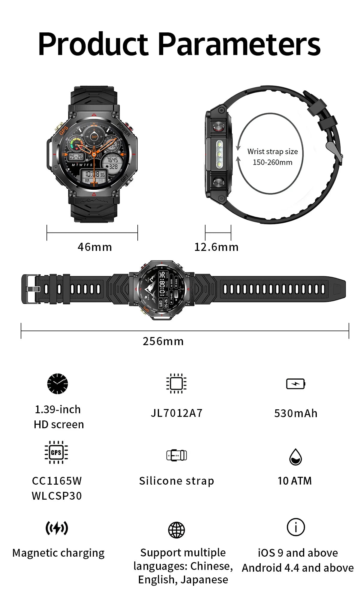 Military Grade GPS Smart Watch – IP69K/10ATM Waterproof AMOLED, 100+ Sports Modes, HD Bluetooth Calls