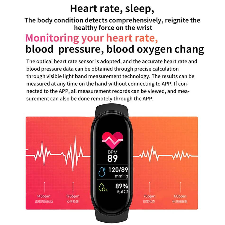 Smart fitness bracelet by Home Sweet Home with a sleek black band and digital display for tracking activity and health metrics.