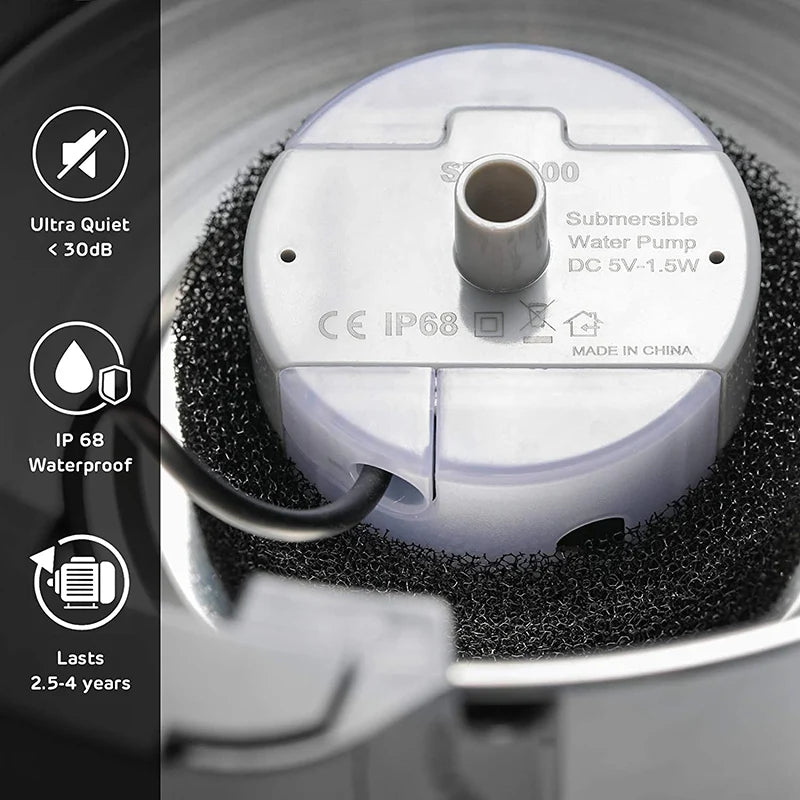 Home Sweet Home cat water fountain replacement pump with cleaning brush, USB silent motor for quiet operation.