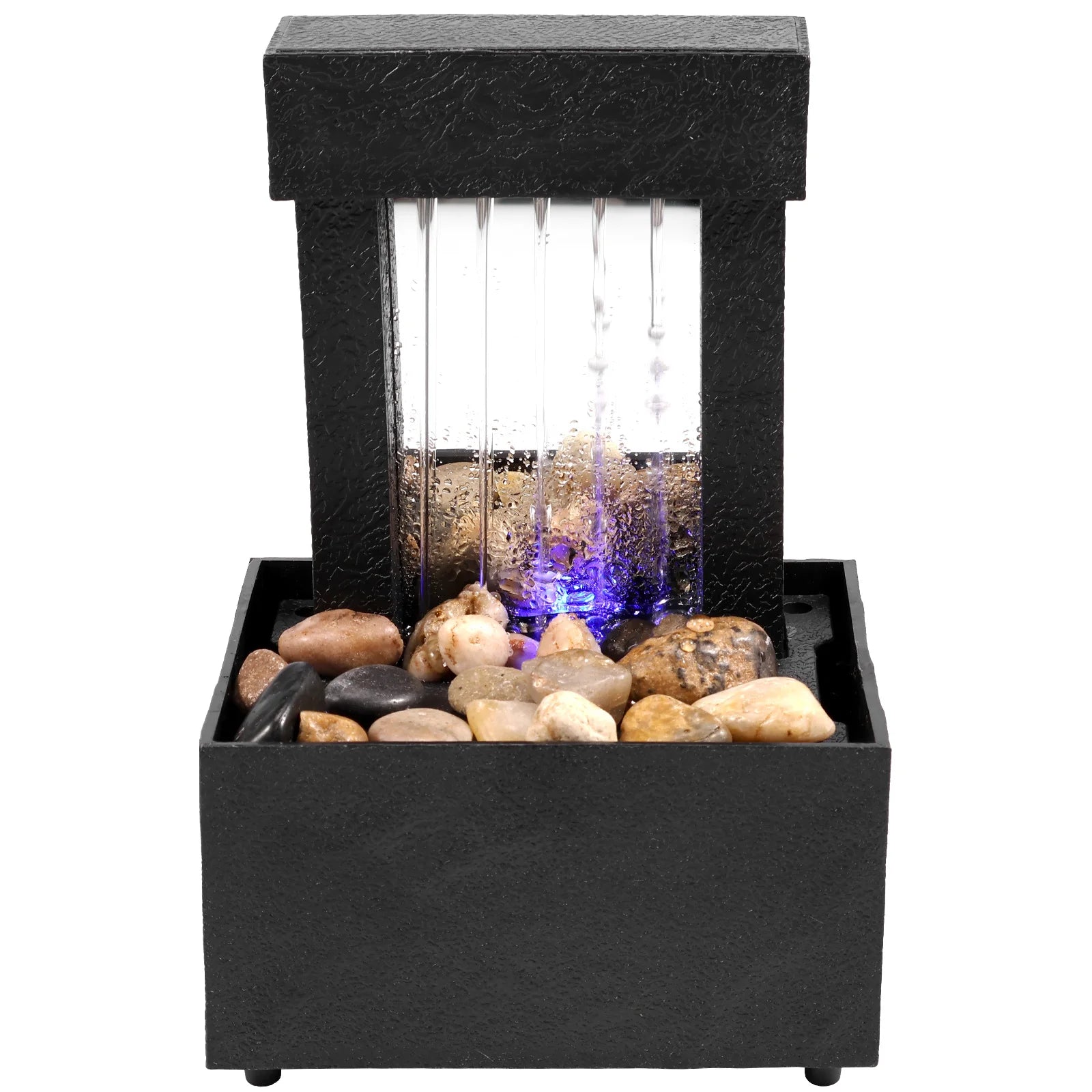 Home Sweet Home tabletop waterfall fountain with soft LED lights, featuring a calming desktop water feature and flowing water design.
