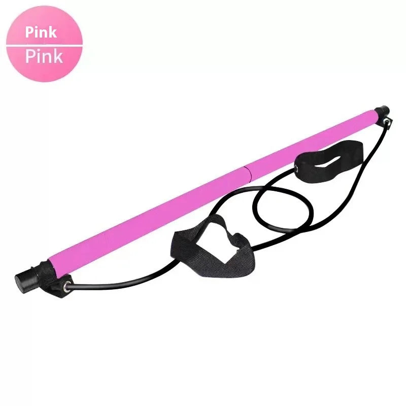 Home Sweet Home Pilates Stick Fitness Bar with adjustable length and elastic resistance bands for full-body exercise.