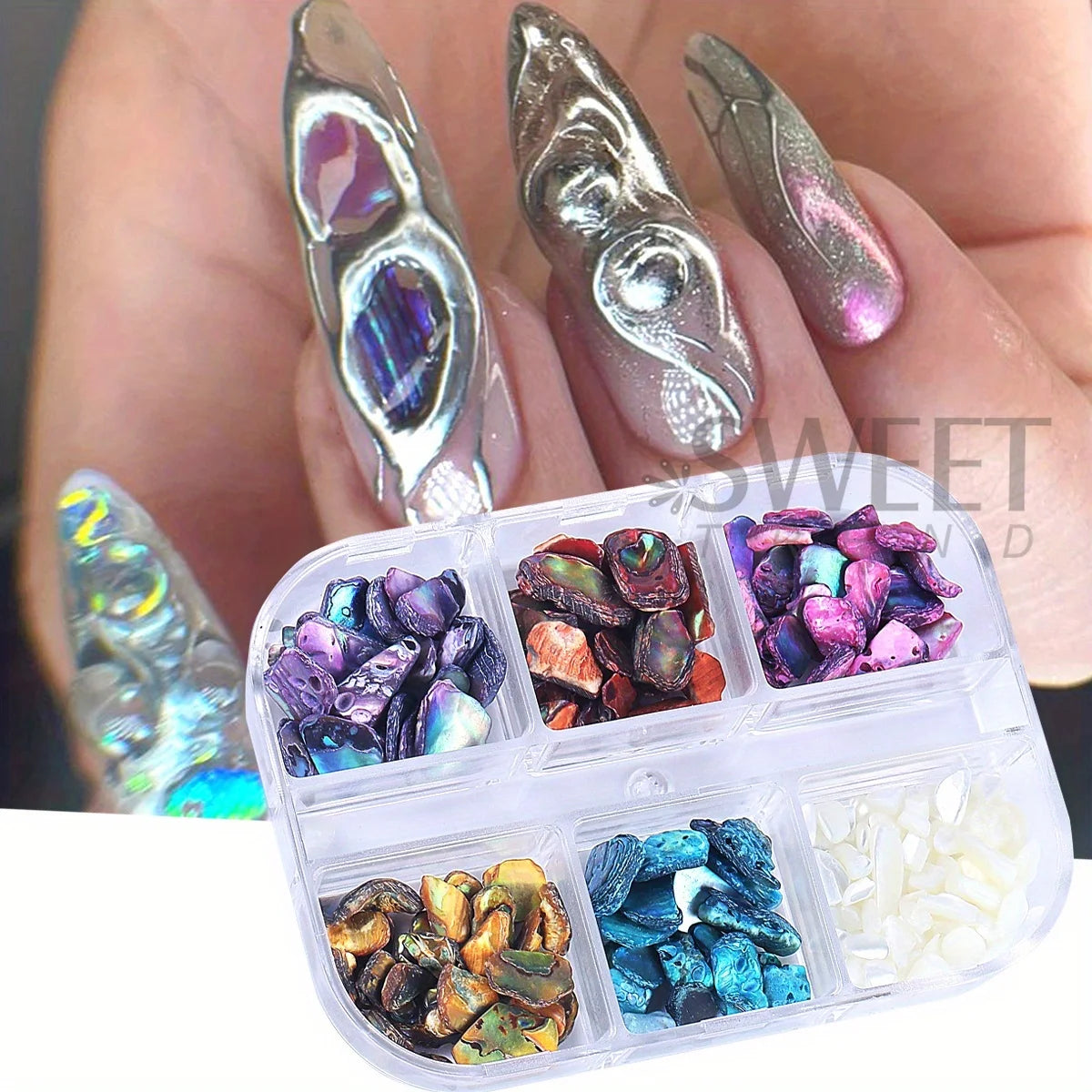 Aurora Abalone Shell Nail Art Decoration Set with 6-grid pearl gemstone kit, featuring colorful shell pieces and pearl accents for nail decor.