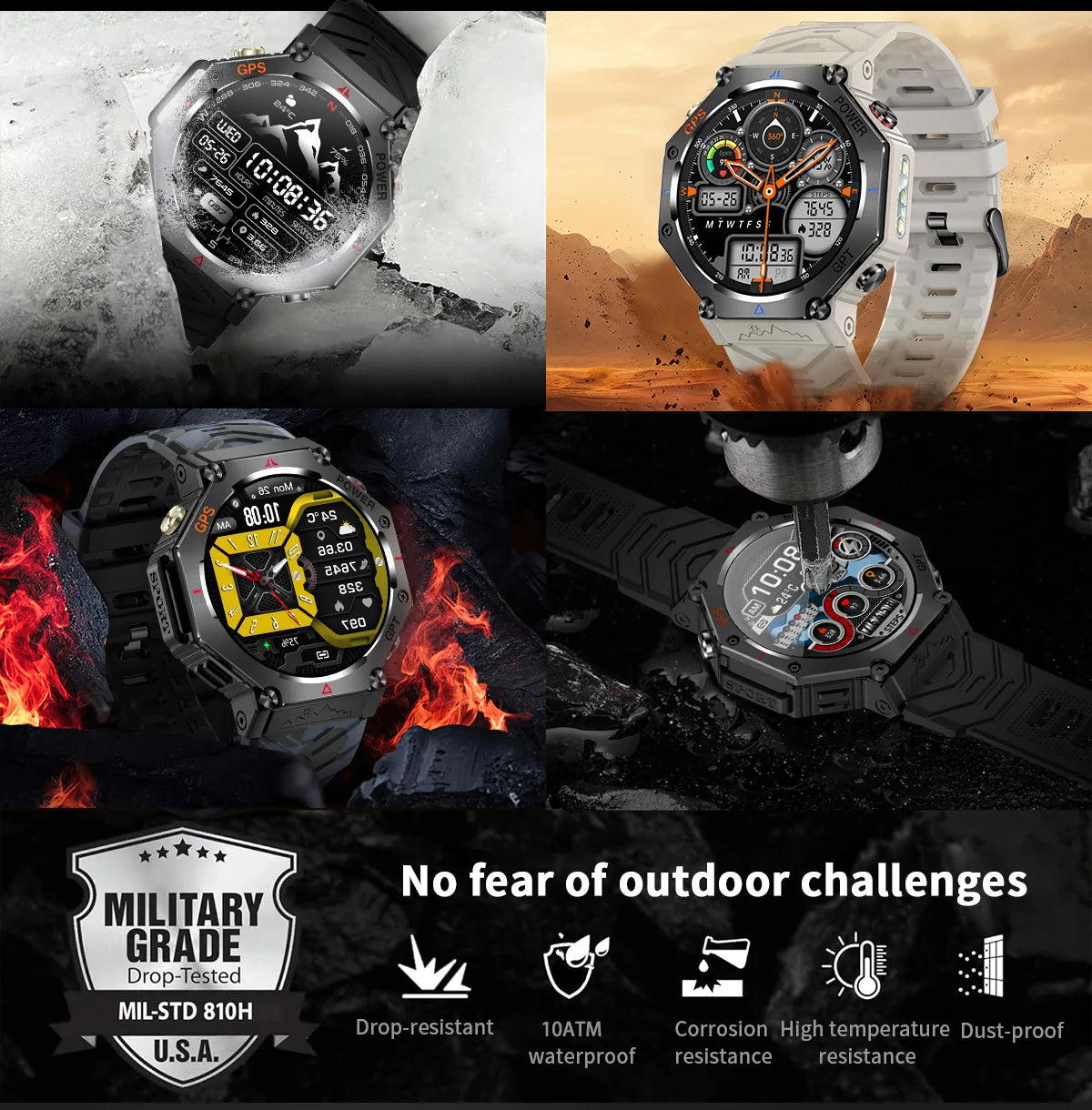 Military Grade GPS Smart Watch – IP69K/10ATM Waterproof AMOLED, 100+ Sports Modes, HD Bluetooth Calls