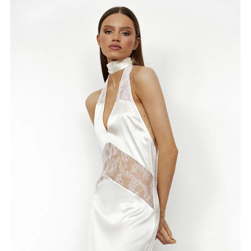 Elegant Lace Halter Maxi Dress – Backless Mermaid Evening Gown