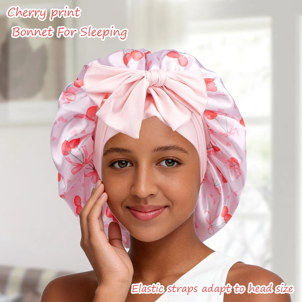 Satin Sleep Bonnet — Cherry Pattern Night Cap with Bow ONLY 2 LEFT