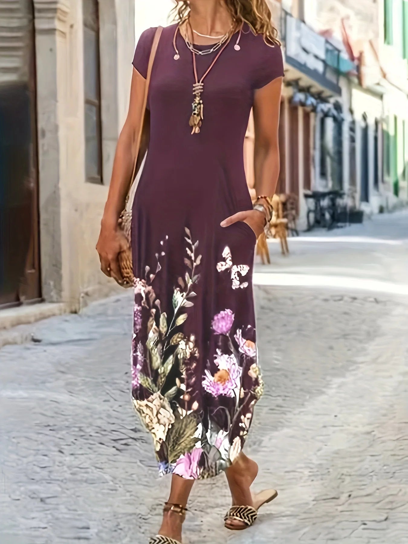 Women’s Printed Pocket Midi Dress — Loose Fit, Short Sleeve, Summer Casual