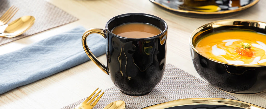 LOVECASA Black Porcelain Dinnerware Set with Gold Trim – 16 & 32 Piece