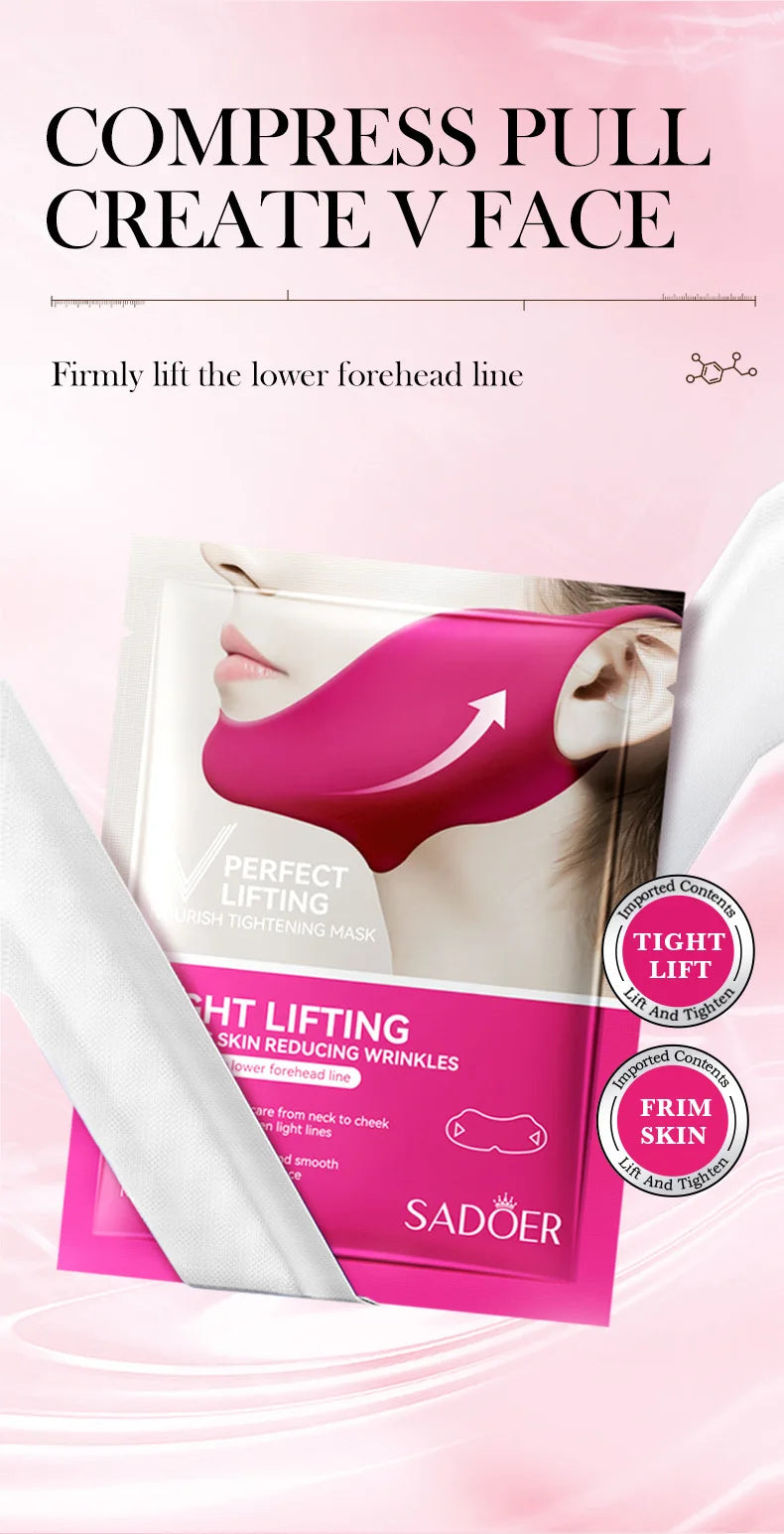 Home Sweet Home V-Shape Firming Face Mask displayed on a woman’s face, highlighting its contouring and skin-tightening design.