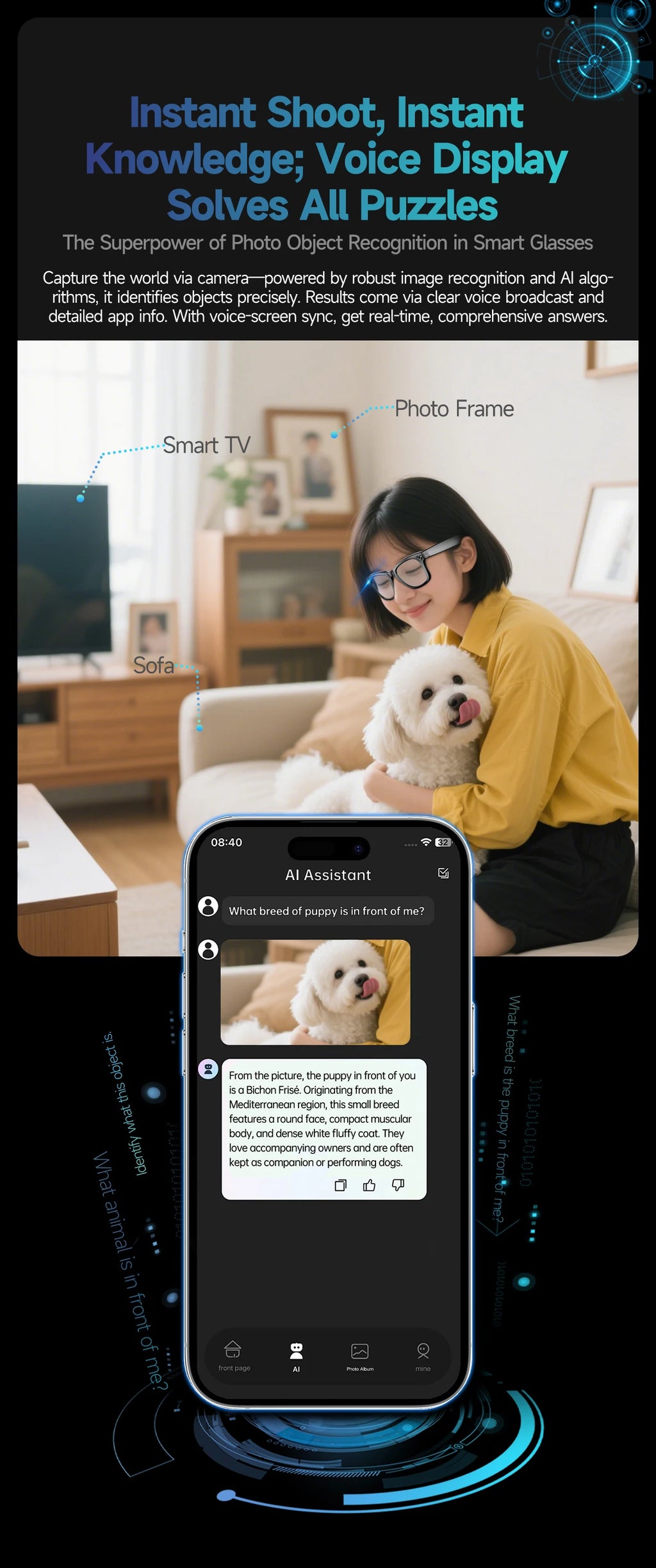 Home Sweet Home AI Smart Glasses with 8MP camera, Bluetooth, multilingual support, and ChatGPT 4.0 functionality.