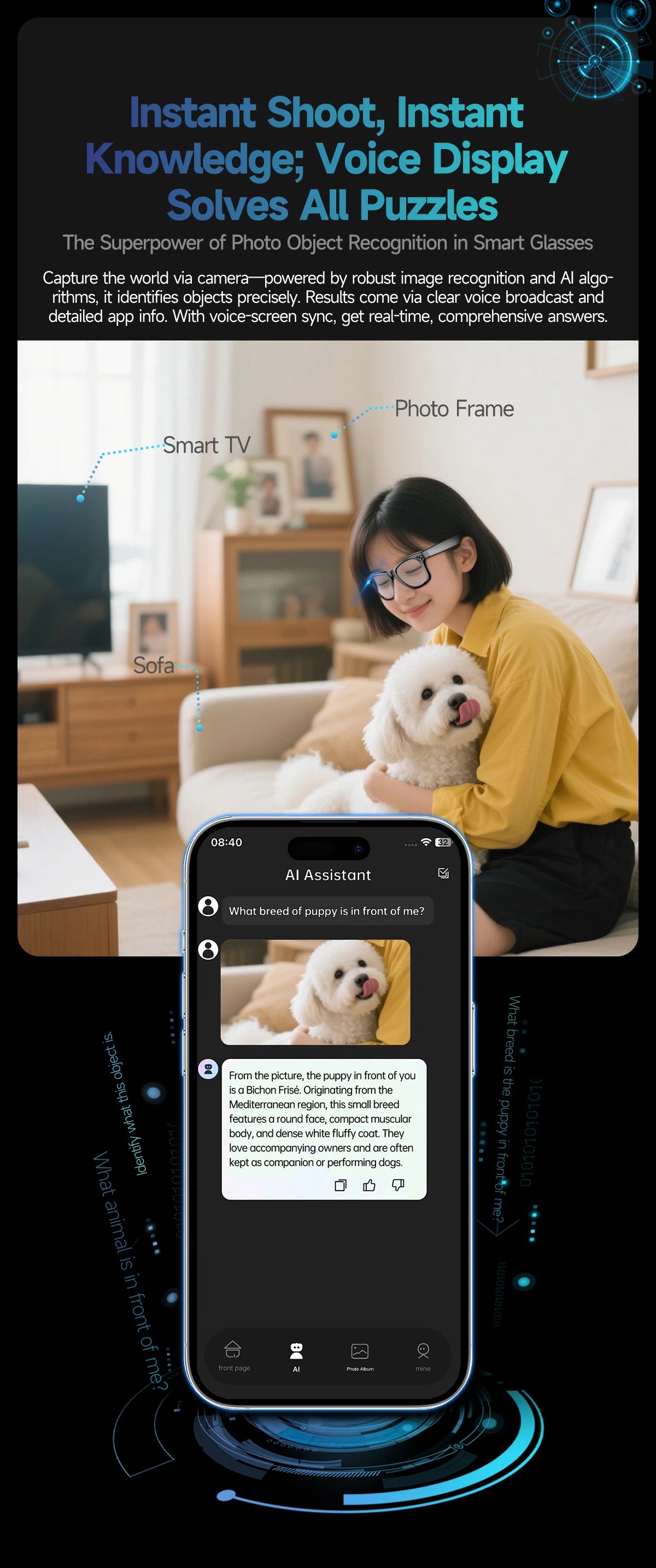 Home Sweet Home AI Smart Glasses with 8MP camera, Bluetooth, multilingual support, and ChatGPT 4.0 functionality.