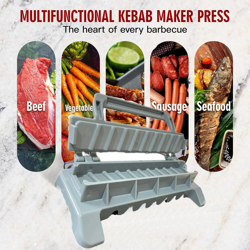 Home Sweet Home BBQ kebab skewer maker, reusable meat skewer press machine with ergonomic handle for easy kebab preparation.