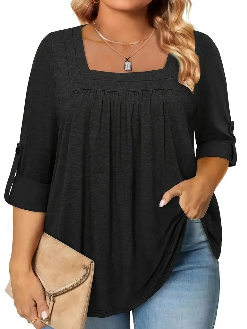 Plus Size Square Neck Button-Detail Blouse Shirt