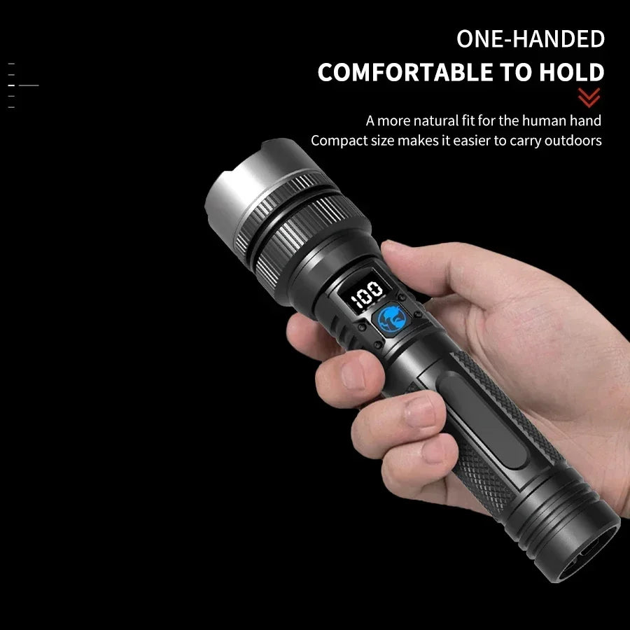Super Bright Rechargeable LED Torch – Zoomable, Waterproof & Digital Display