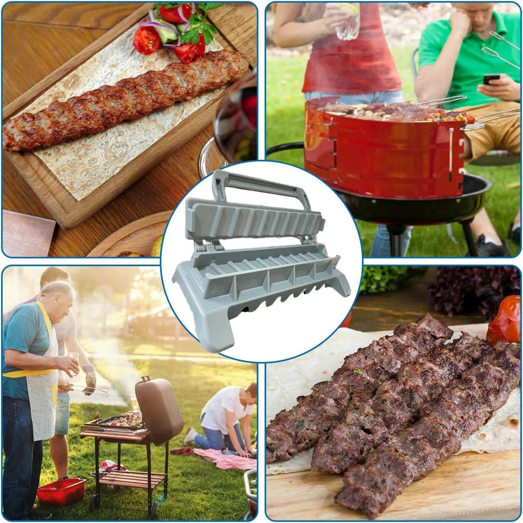 Reusable BBQ kebab skewer maker from Home Sweet Home, showing a compact meat skewer press machine with metal skewers and handle.