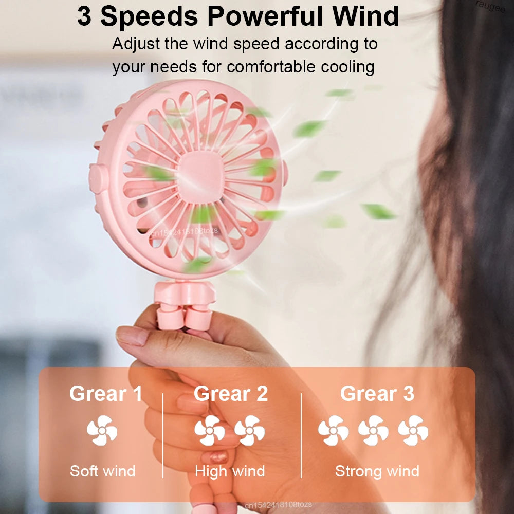 Home Sweet Home portable mini clip fan with USB rechargeable feature and 360° flexible tripod for versatile cooling.