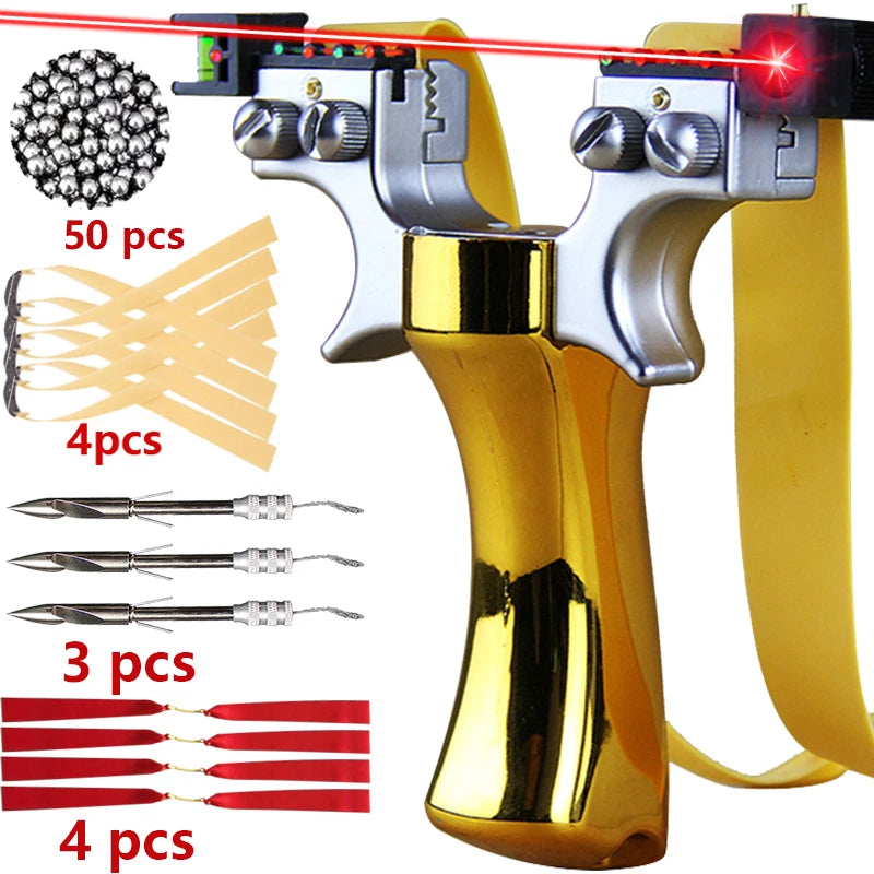 Laser slingshot with LED light and precision aiming from Home Sweet Home, showing the slingshot with illuminated LED and ergonomic grip.