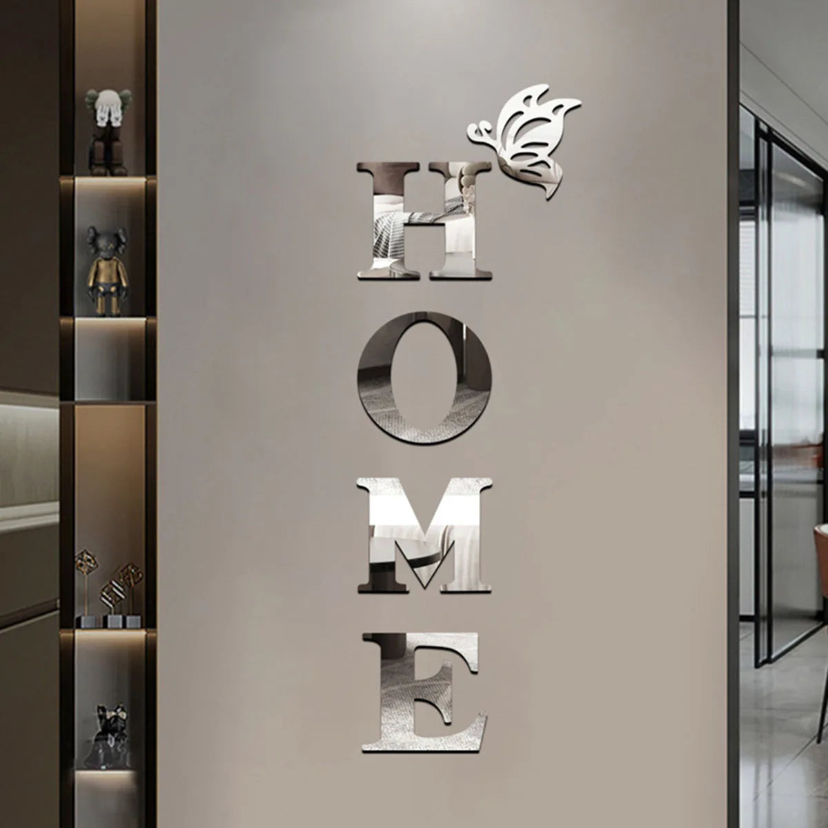 HOME 3D Mirror Wall Sticker – Silver Letter Sign for Entrance & Living Room Decor