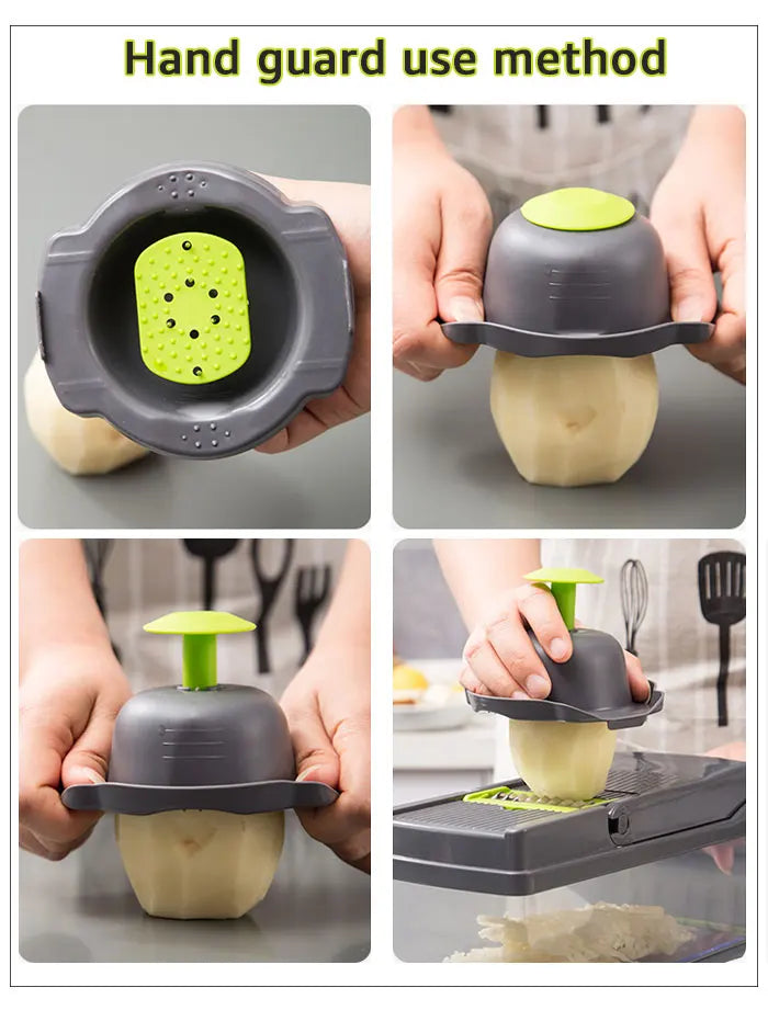 Home Sweet Home multifunctional vegetable chopper with stainless steel blades and colorful plastic container for easy food prep.