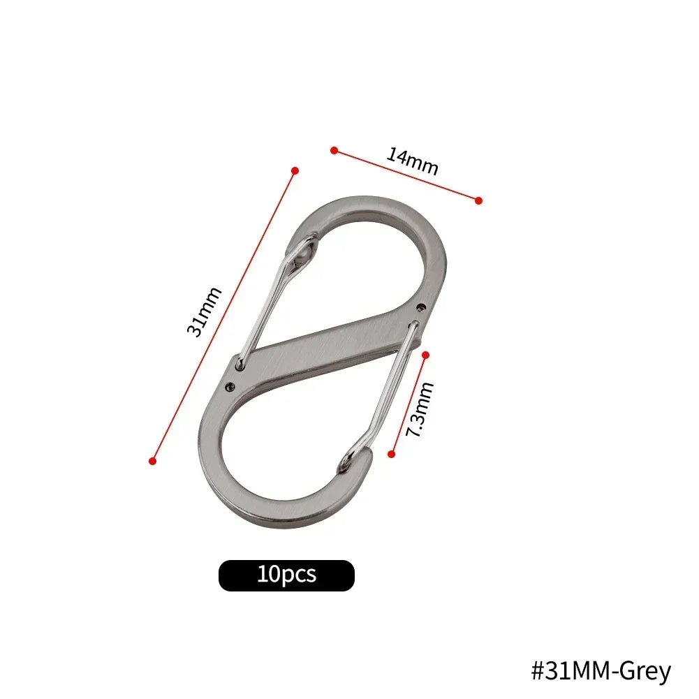 Set of ten stainless steel S-type carabiner clips from Home Sweet Home, durable and versatile for outdoor or indoor use.
