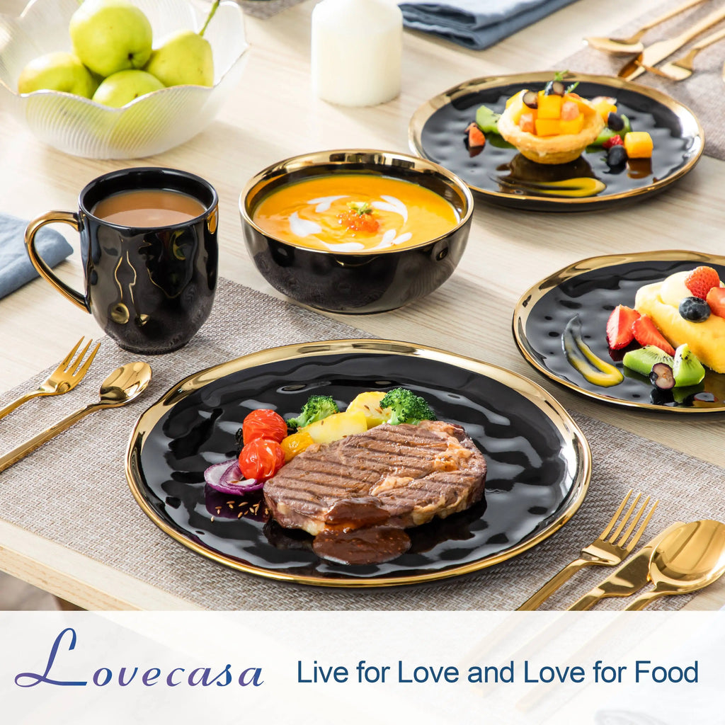 LOVECASA Black Porcelain Dinnerware Set with Gold Trim – 16 & 32 Piece