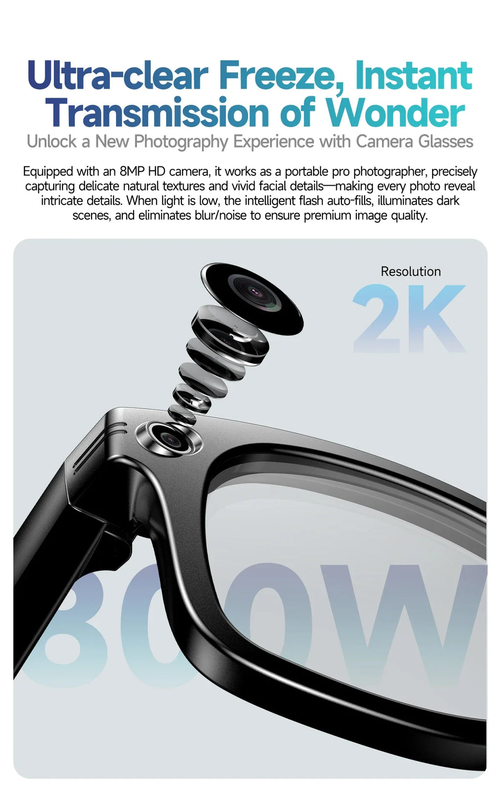 Home Sweet Home AI smart glasses with 8MP camera, Bluetooth, multilingual support, and ChatGPT 4.0 functionality.