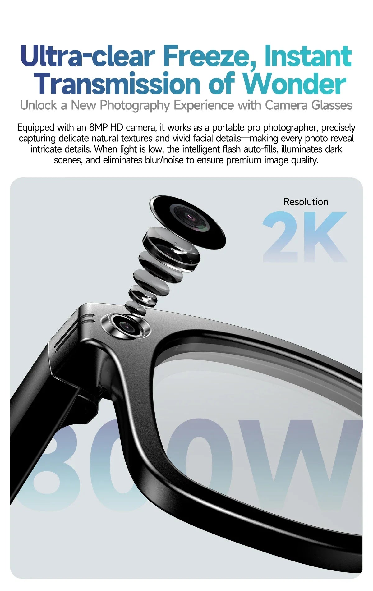 Home Sweet Home AI smart glasses with 8MP camera, Bluetooth, multilingual support, and ChatGPT 4.0 functionality.