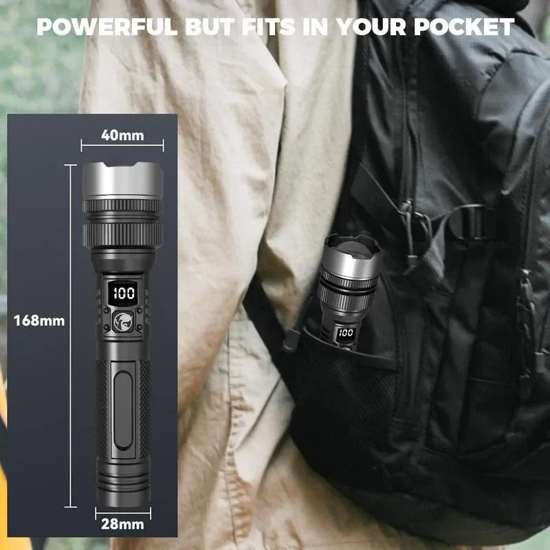 Super Bright Rechargeable LED Torch – Zoomable, Waterproof & Digital Display