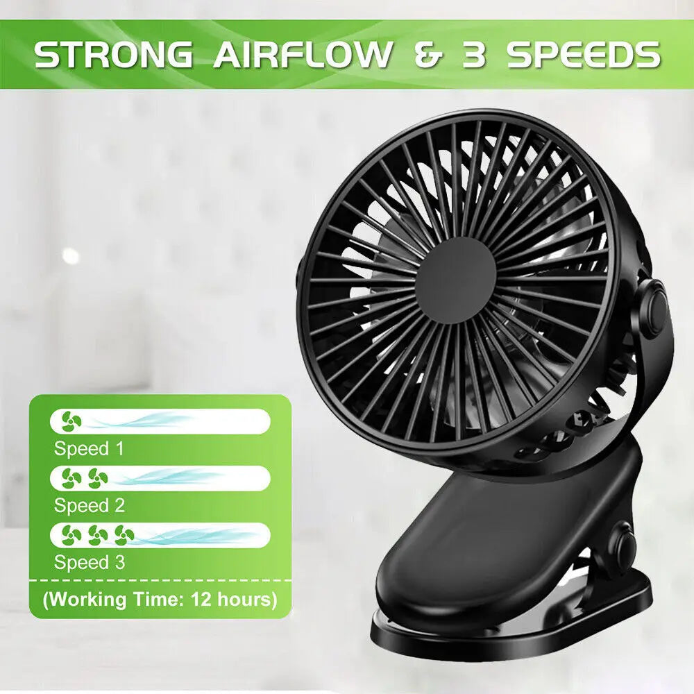 Home Sweet Home portable clip-on mini fan clipped to a desk, showing compact design and adjustable fan blades.