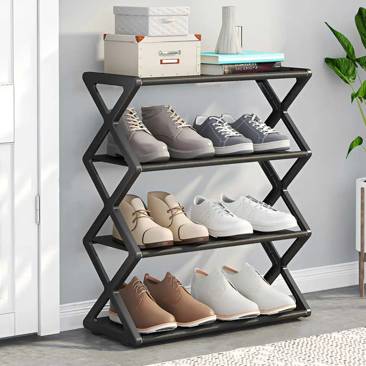 4-Tier X-Shape Shoe Rack – Foldable Dustproof Storage Organiser for Entryway, Hallway & Bedroom
